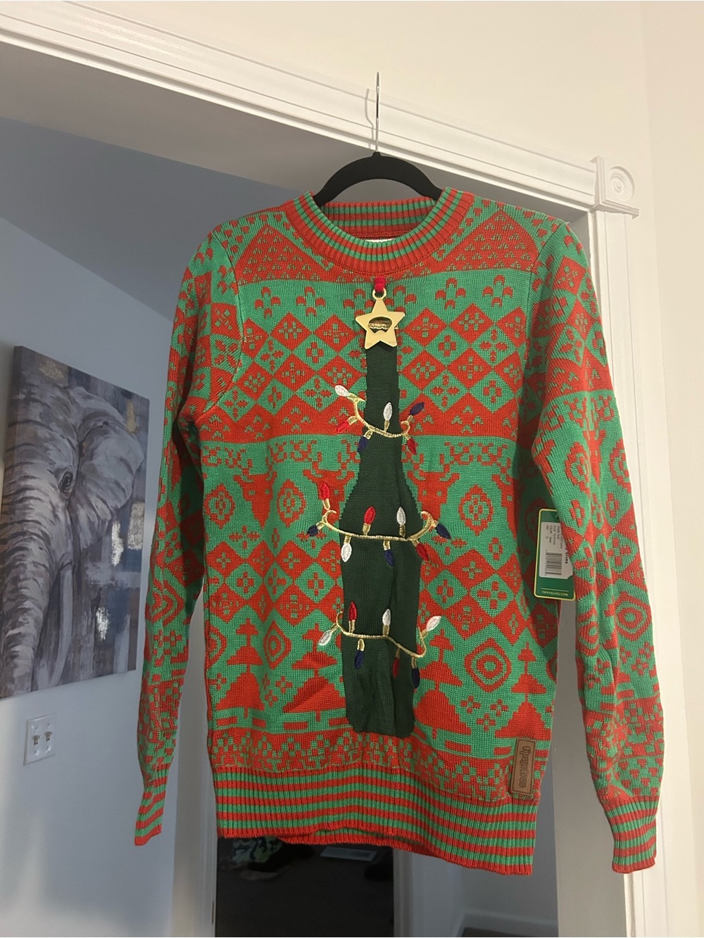 Festive Green and Red Mens Christmas Sweater with Star as Bottle Opener